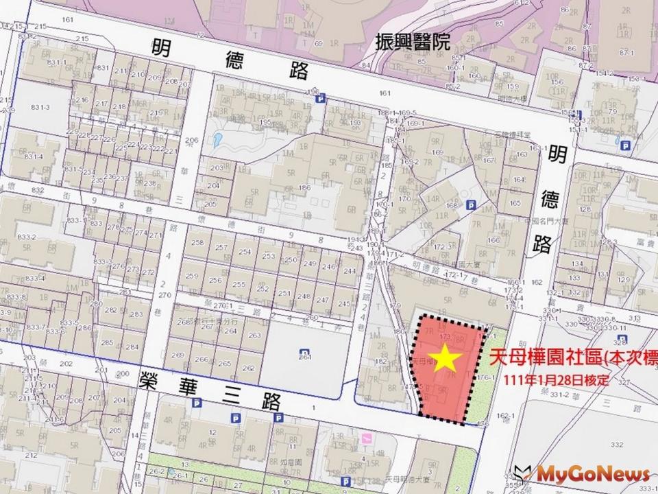 ▲「天母樺園社區」位於北投區榮華三路及明德路口(圖/台北市政府)