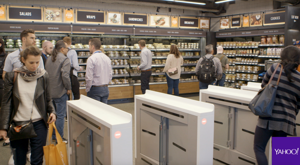 Instead of cashiers at the front of Amazon Go, shoppers will find turnstiles that scan each shopper’s unique QR code when they enter.