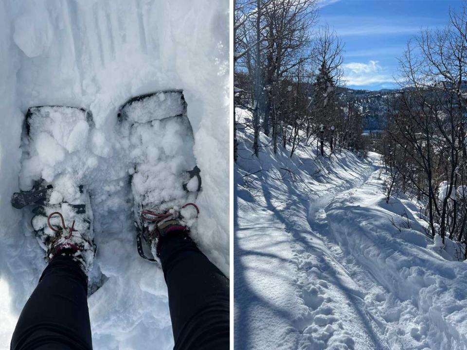 Side by side images of feet in snow shoes covered in show and a snowy trail on a mountain.