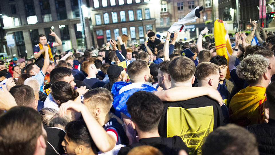 Scotland fans, pictured here gathering in George Square after their Euro 2020 win over Croatia. 