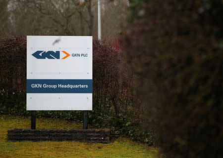 FILE PHOTO: Branding is seen outside the headquarters of GKN in Redditch, Britain, March 12, 2018. REUTERS/Hannah McKay/File Photo