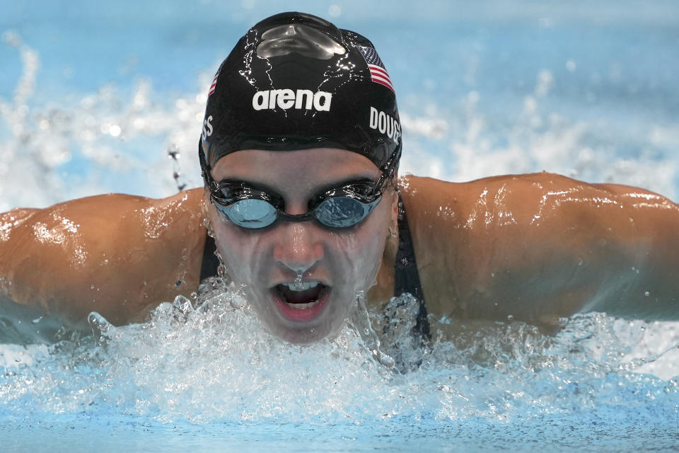 Kate Douglass of the United States swims in a women's 200-meter individual medley final at the 2020 Summer Olympics, Wednesday, July 28, 2021, in Tokyo, Japan. (AP Photo/Matthias Schrader)
