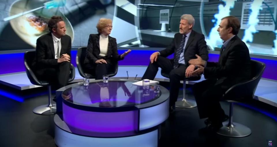 From left: Matthew Perry, Baroness Molly Meacher, Jeremy Paxman and Christopher Hitchens on the BBC's "Newsnight" in December 2013.