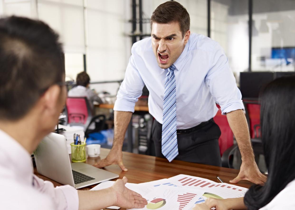 Managers who abuse their employees may be suffering from a perceptual bias. <a href="https://www.gettyimages.com/detail/photo/boss-yelling-at-subordinates-royalty-free-image/516818246?adppopup=true" rel="nofollow noopener" target="_blank" data-ylk="slk:imtmphoto/iStock via Getty Images;elm:context_link;itc:0;sec:content-canvas" class="link ">imtmphoto/iStock via Getty Images</a>