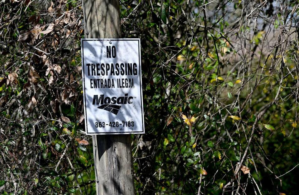 A sign at the entrance to Mosaic’s Wingate Creek Mine on S.R. 64 East on Tuesday, Feb. 27, 2024