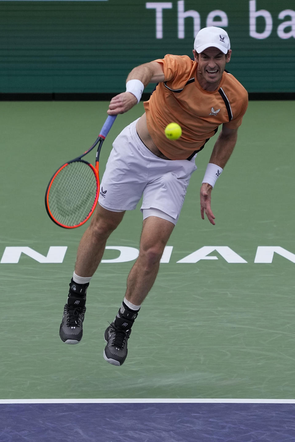 Andy Murray, of Britain, serves to David Goffin, of Belgium, during their match at the BNP Paribas Open tennis tournament Wednesday, March 6, 2024, in Indian Wells, Calif. (AP Photo/Mark J. Terrill)