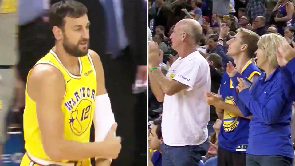 Andrew Bogut received a standing ovation on his return to Oracle Arena.