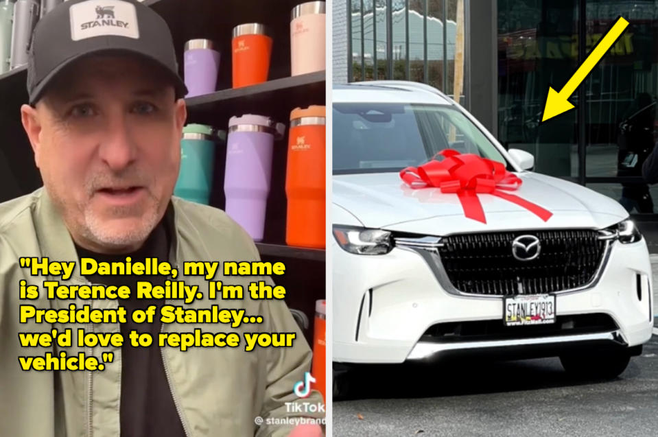 TikTok screenshot with text "Hey Danielle, my name is Terence Reilly; I'm the president of Stan;ey — we'd love to replace your vehicle" with a photo of Terence and one of a car with a ribbon on it