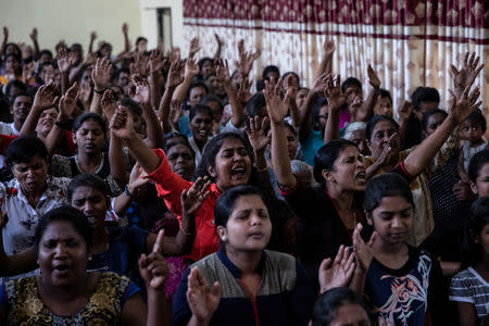 Members of Zion Church, which was bombed on Easter Sunday, pray at a community hall in Batticaloa, Sri Lanka, May 5, 2019. REUTERS/Danish Siddiqui