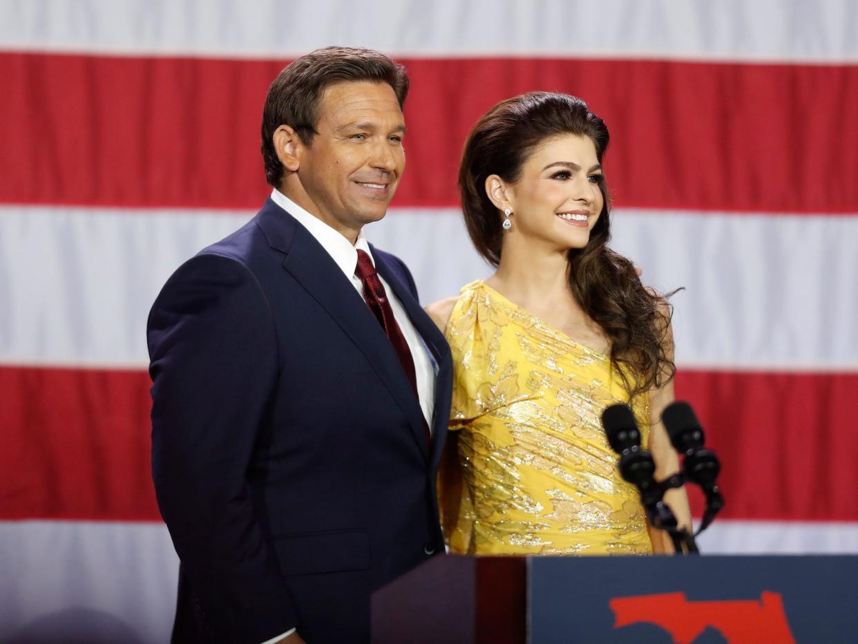 Florida Gov. Ron DeSantis and his wife Casey DeSantis celebrate his victory over Democratic gubernatorial candidate Rep. Charlie Crist during an election night watch party at the Tampa Convention Center on November 8, 2022 in Tampa, Florida.