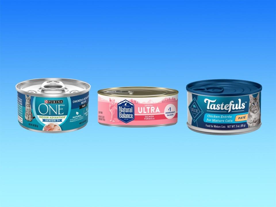 Cans of wet cat food from Purina, Blue Buffalo, and Natural Balance against a blue gradient background,