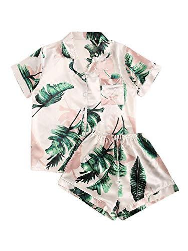 Notch Collar Palm Leaf Print Sleepwear Set