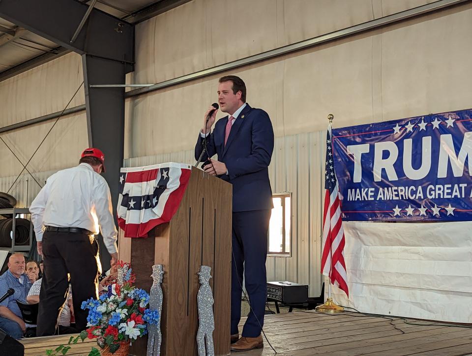 State Rep. Derek Merrin, R-Monclova, speaks at the Sandusky and Seneca Counties Annual Lincoln Reagan Hayes Day Dinner. The featured guest speaker was Riley Gaines on May 8, 2024, event at the Frankart Barn.
