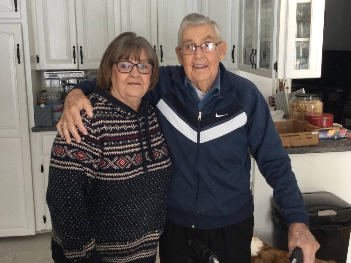 Leslie Rice with her father, Bruce Carter. Rice says unexpected neighbourhood fireworks displays have triggered traumatizing flashbacks in Carter, a Second World War veteran. (Submitted by Leslie Rice - image credit)