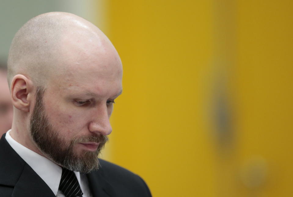 FILE - Anders Behring Breivik arrives for his appeal case in Borgarting Court of Appeal at Telemark prison in Skien, Norway, Tuesday, Jan. 10, 2017. Breivik, the Norwegian right-wing extremist who killed 77 people in a bomb and gun rampage in 2011, will try for the second time Monday, Jan. 8, 2024 to sue the Norwegian state for allegedly breaching his human rights. (Lise Aaserud/NTB Scanpix via AP, File)