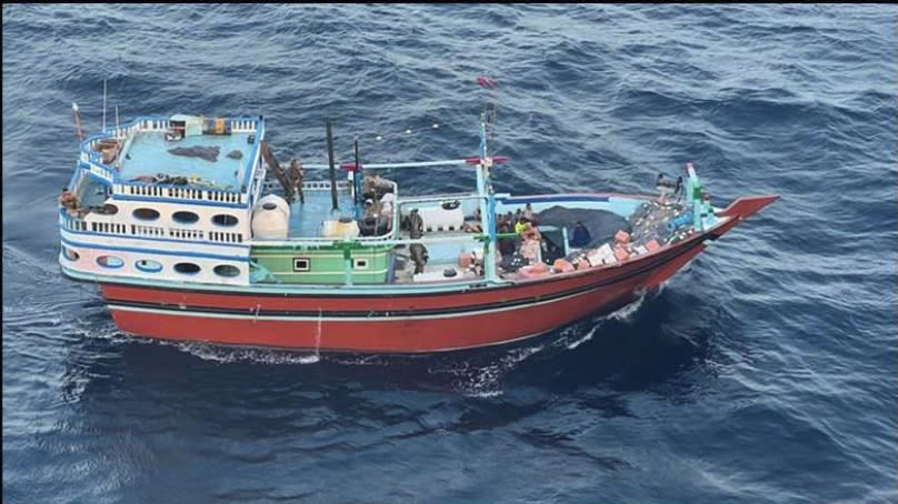 This undated photograph released by the U.S. military's Central Command shows what it is described as the vessel that carried Iranian-made missile components bound for Yemen's Houthi in the Arabian Sea. U.S. Navy SEALs seized Iranian-made missile parts and other weaponry from a ship bound for Yemen's Houthi rebels in a raid that saw two of its commandos go missing, the U.S. military said Tuesday, Jan. 16, 2024. (U.S. Central Command via AP)