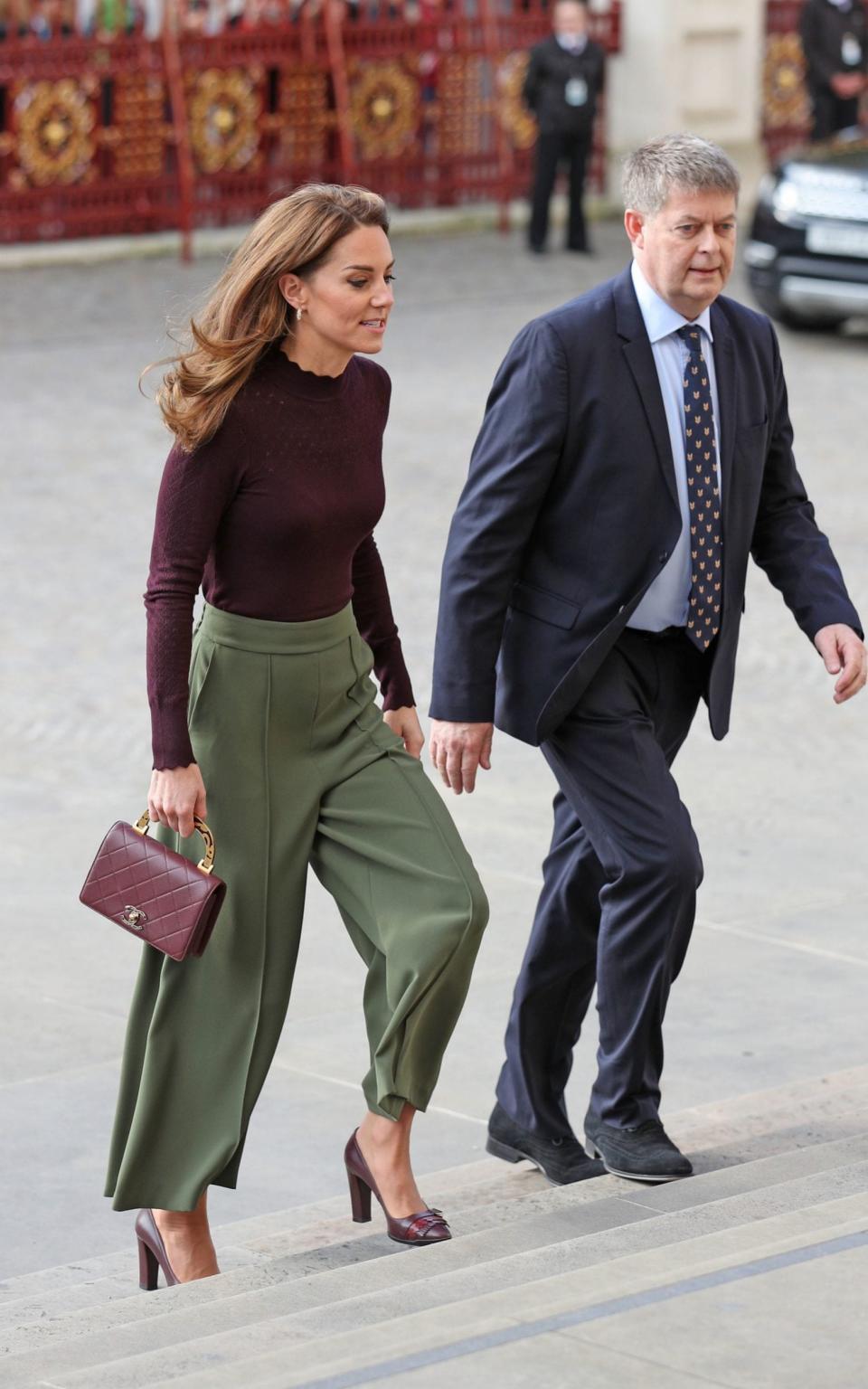 The Duchess of Cambridge wearing Jigsaw culottes - PA