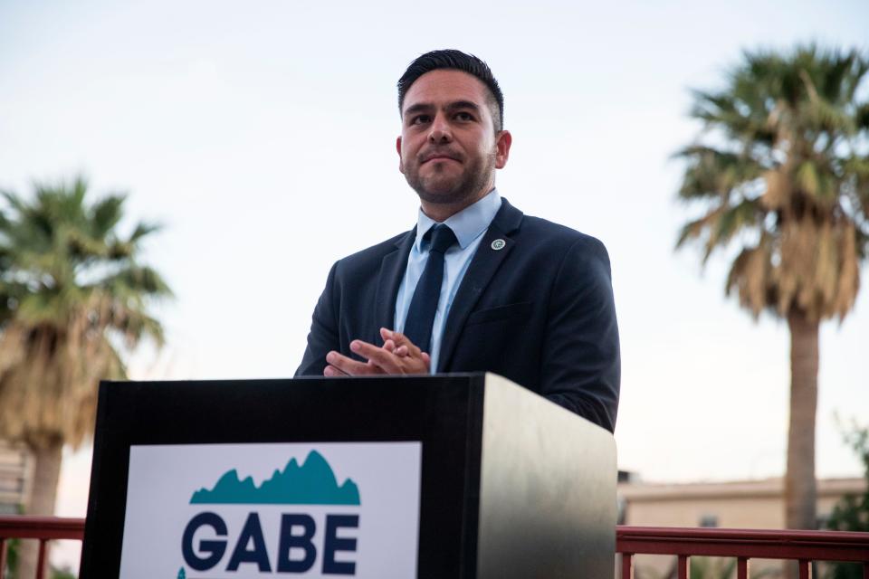 Former Las Cruces City Councilor Gabe Vasquez speaks to his supporters during his election watch party at Amador Patio Bar & Grill on Tuesday, June 7, 2022.