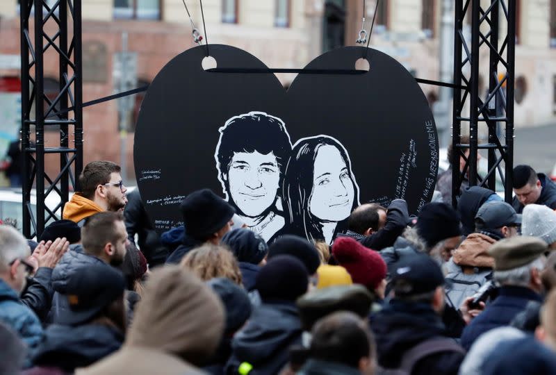 Demonstrators take part in a protest rally marking the second anniversary of the murder of the investigative reporter Jan Kuciak and his fiancee Martina Kusnirova, one week ahead of country's parliamentary election in Bratislava