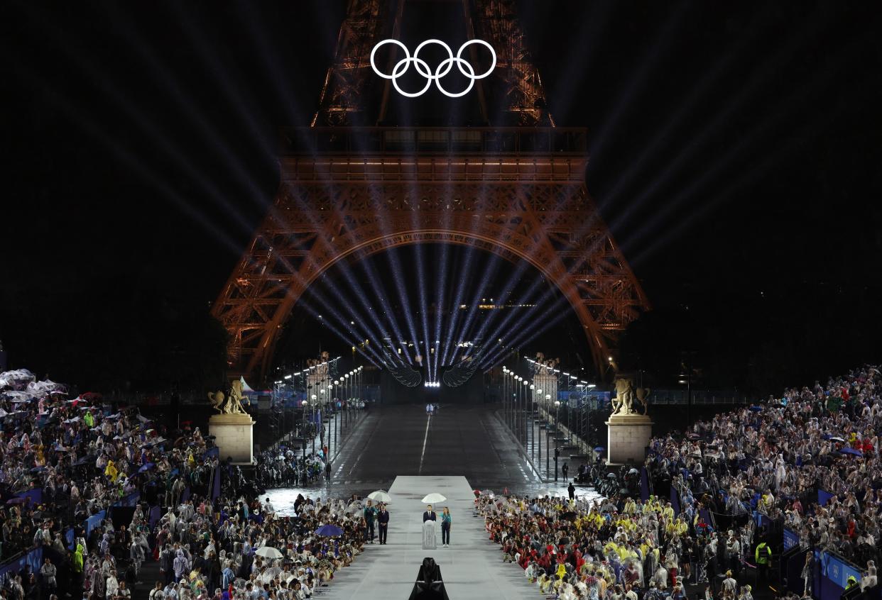 Tony Estanguet addresses the opening ceremony of the Paris 2024 Olympic Games in front of the Eiffel Tower