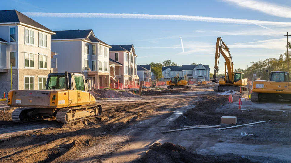 A wide shot of a residential housing development taking shape with heavy machinery in the foreground.