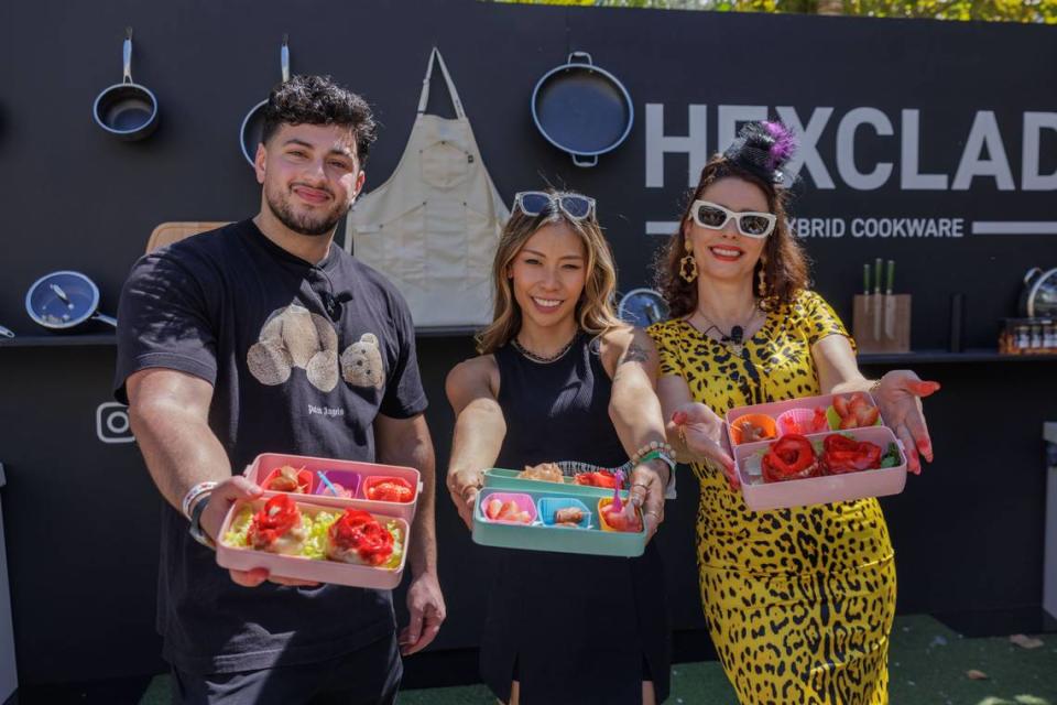 Social media stars Ahmad Alzahabi (@thegoldenbalance), Jessica Woo (@sulheejessica) and Nadia Caterina Munno (@thepastaqueen) at the 2023 FoodieCon at the South Beach Wine & Food Festival. World Red Eye