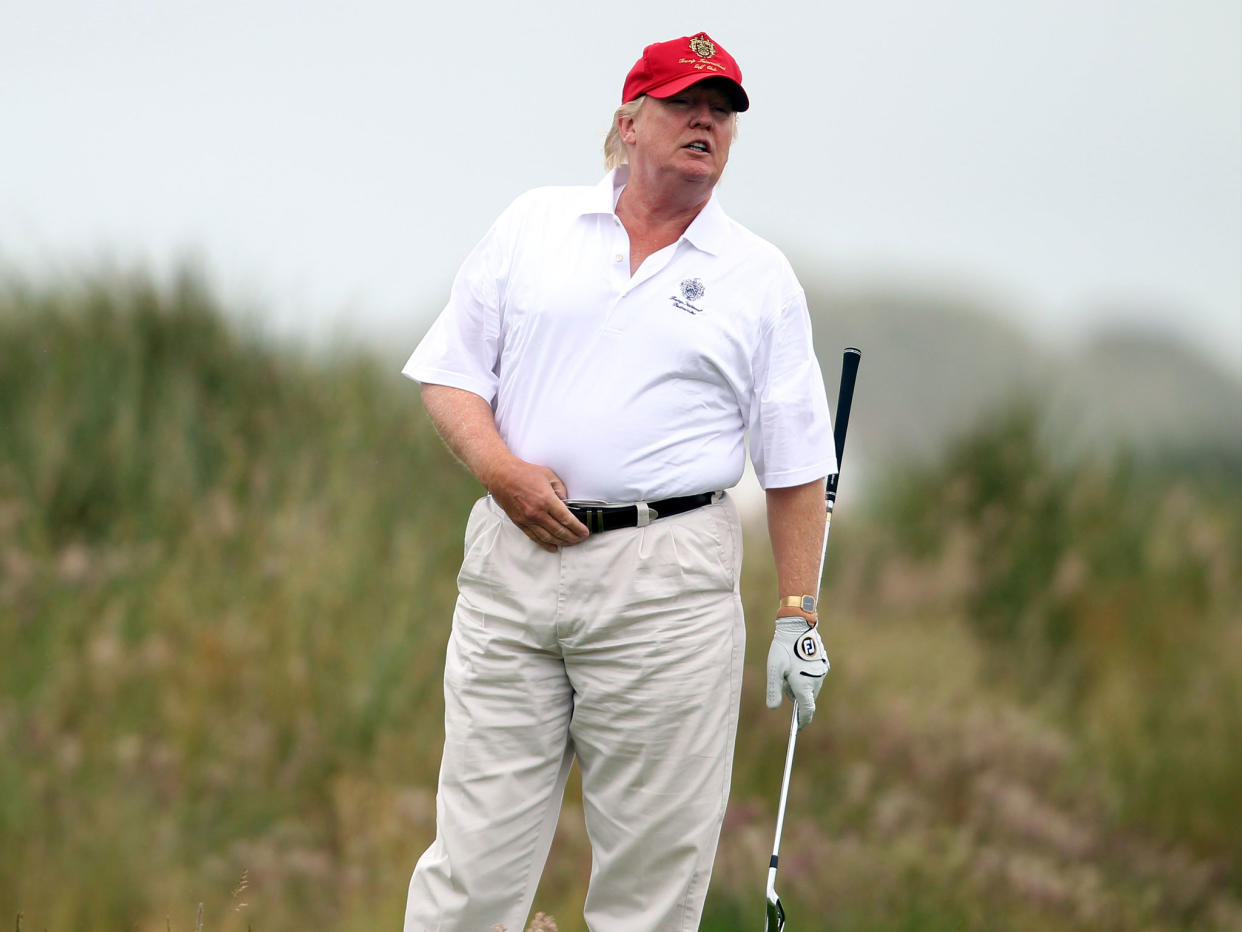 Mr Trump has hit the green with the likes of Japanese Prime Minister Shinzo Abe and champion professionals Rory McIlroy and Tiger Woods since taking office: Getty