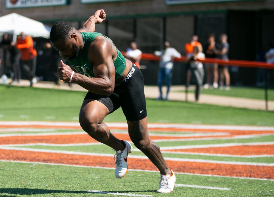 Florida A&M football players showcase their talents in a series of drills for NFL scouts during Pro Day on Thursday, March 30, 2023. 