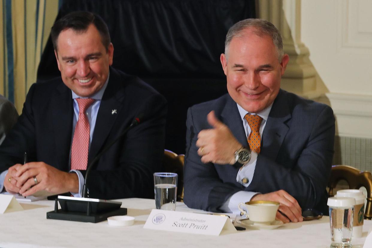 Environmental Protection Agency Administrator Scott Pruitt gives a thumbs-up during a meeting. The agency's scientific advisory committee has not met in six months: Chip Somodevilla/Getty Images