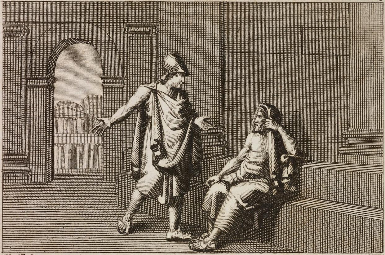 Engraving of  Pericles stands next to Anaxagoras, who is sitting on steps next to columns in Ancient Greece