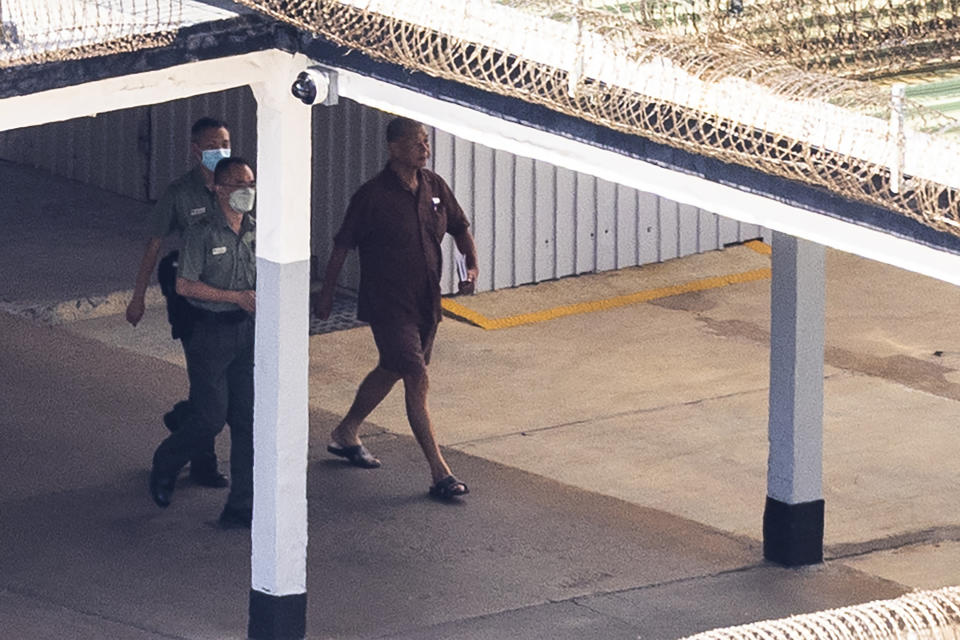 Jimmy Lai walks through the Stanley prison in Hong Kong, Friday, July 28, 2023. The Associated Press got a rare glimpse of the jailed 75-year-old publisher and prominent pro-democracy activist Lai. (AP Photo/Louise Delmotte)