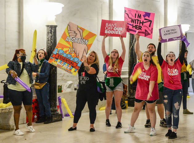 Abortion rights supporters demonstrate outside the state Senate chamber at the West Virginia Capitol on Tuesday. (Photo: via Associated Press)