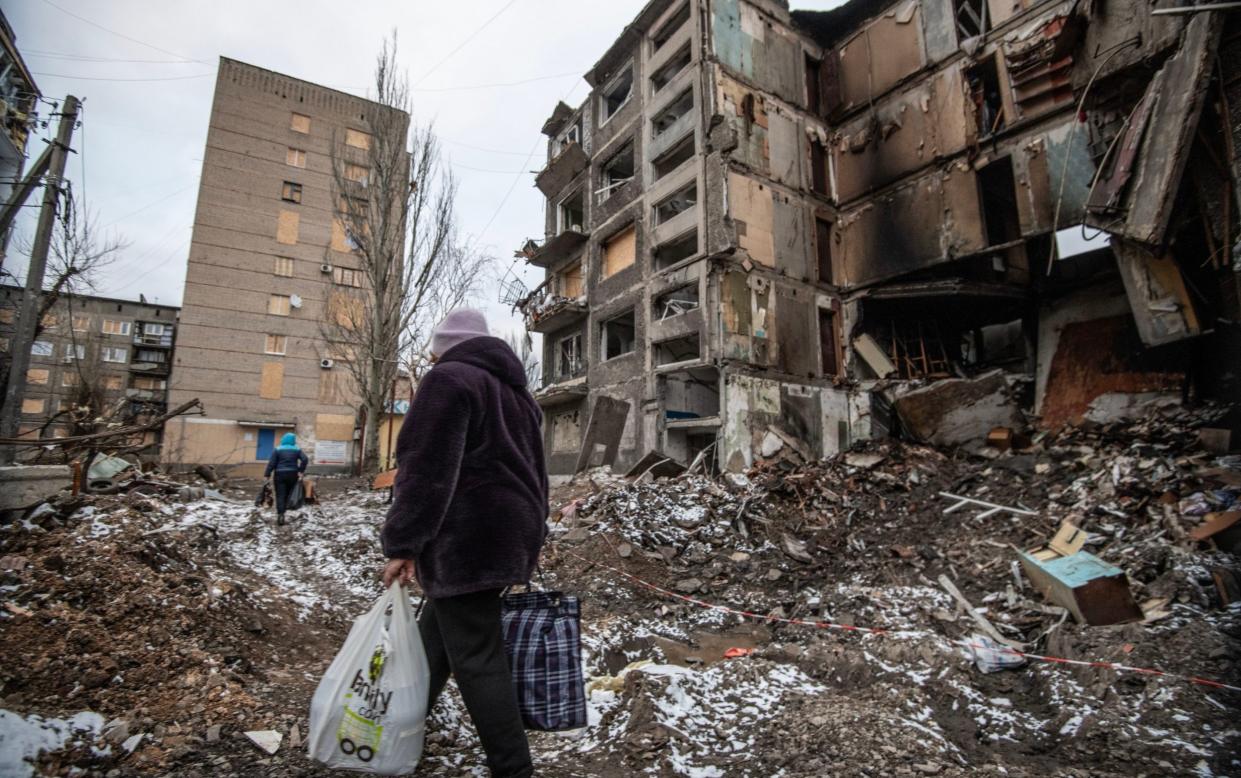 The ruins of a block of flats after a Russian missile strike on the town of Selydove