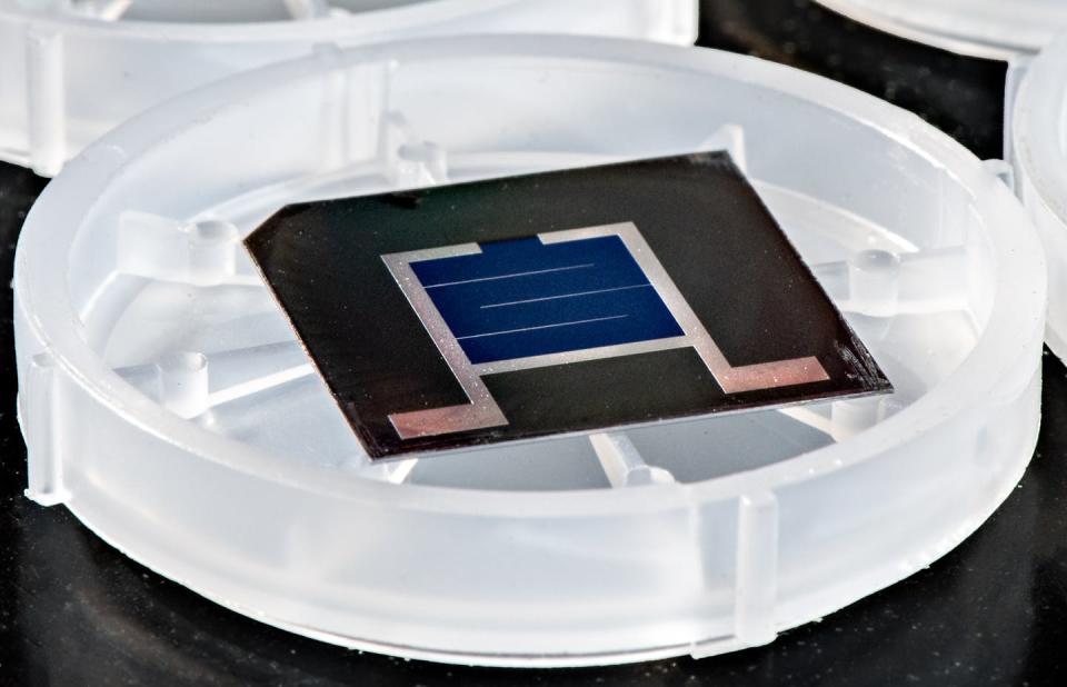 <span class="caption">Scientists at the National Renewable Energy Lab have been developing next-generation solar cells. A PV module, or solar panel, is made up of several cells.</span> <span class="attribution"><a class="link " href="https://images.nrel.gov/soda/GetObject?ikey=21D9871C58C79072327F196813A49544EF7965C0B8AEA641E8C9018EFEE26EDF&user=publicguest&mode=inline&note=MX+drag+and+drop&target=61447.JPG" rel="nofollow noopener" target="_blank" data-ylk="slk:Dennis Schroeder / NREL;elm:context_link;itc:0;sec:content-canvas">Dennis Schroeder / NREL</a></span>