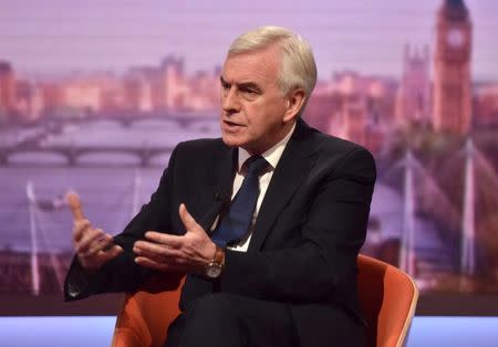 John McDonnell, Shadow Chancellor, appears on the BBC's Andrew Marr Show in London, Britain May 6, 2018. Jeff Overs/BBC/ Handout via REUTERS