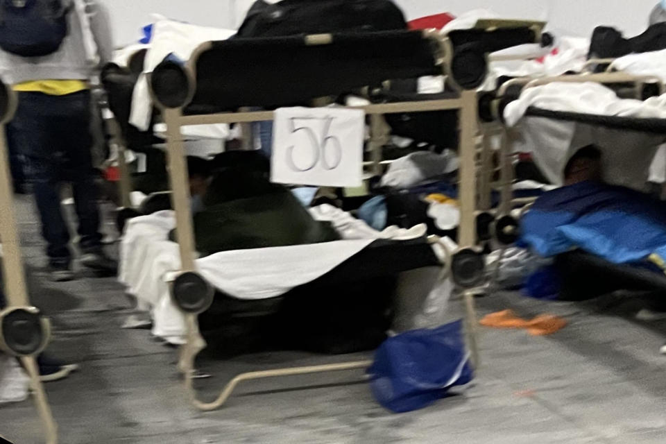 A photo provided by a source shows cots inside the tent camp holding migrant children at Fort Bliss. / Credit: Obtained by CBS News