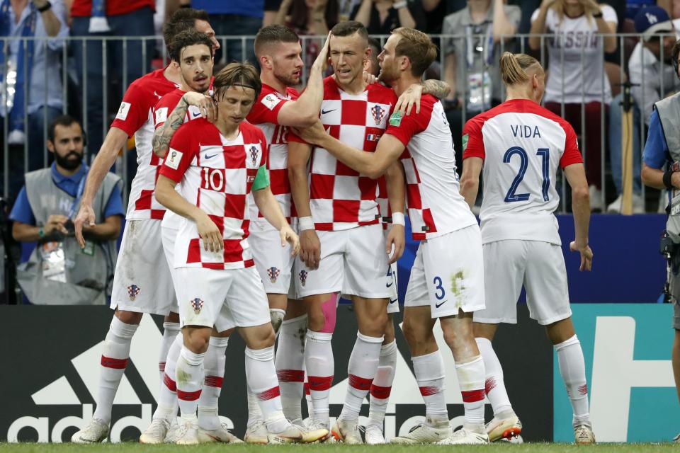 (l-r) Luka Modric of Croatia, Ante Rebic of Croatia, Ivan Perisic of Croatia, Ivan Strinic of Croatia, Domagoj Vida of Croatia during the 2018 FIFA World Cup Russia Final match between France and Croatia at the Luzhniki Stadium on July 15, 2018 in Moscow, Russia(Photo by VI Images via Getty Images)