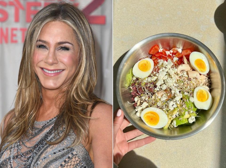 Jennifer Aniston (L) and her favorite salad (R).