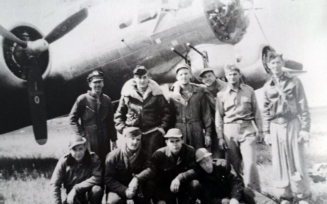 The airmen were (L-R) Aaron Brinkoeter, Hal Hagerty, James Bennett, John McCluskey, Leo Ramos and Walter Malaniak (BOTTOM L-R) William Klemm, Ronald Grey, Norris Thomas and Amos Force