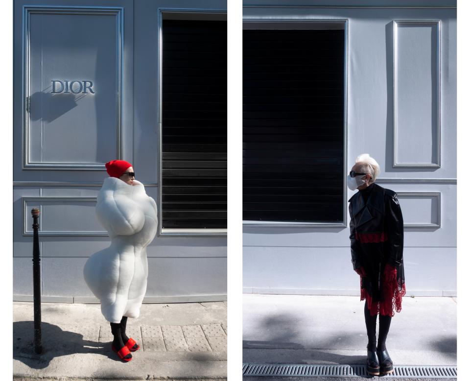 Both wear Comme des Garçons in front of the Dior store.