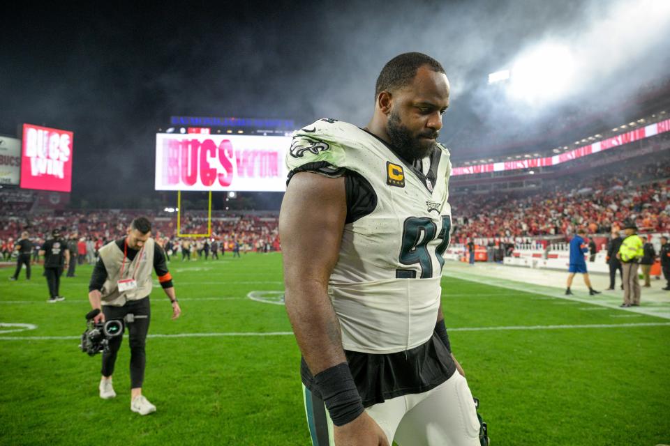 Philadelphia Eagles defensive tackle Fletcher Cox leaves the field following an NFL wild-card playoff football game against the Tampa Bay Buccaneers, Monday, Jan. 15, 2024, in Tampa, Fla. The Buccaneers won 32-9.