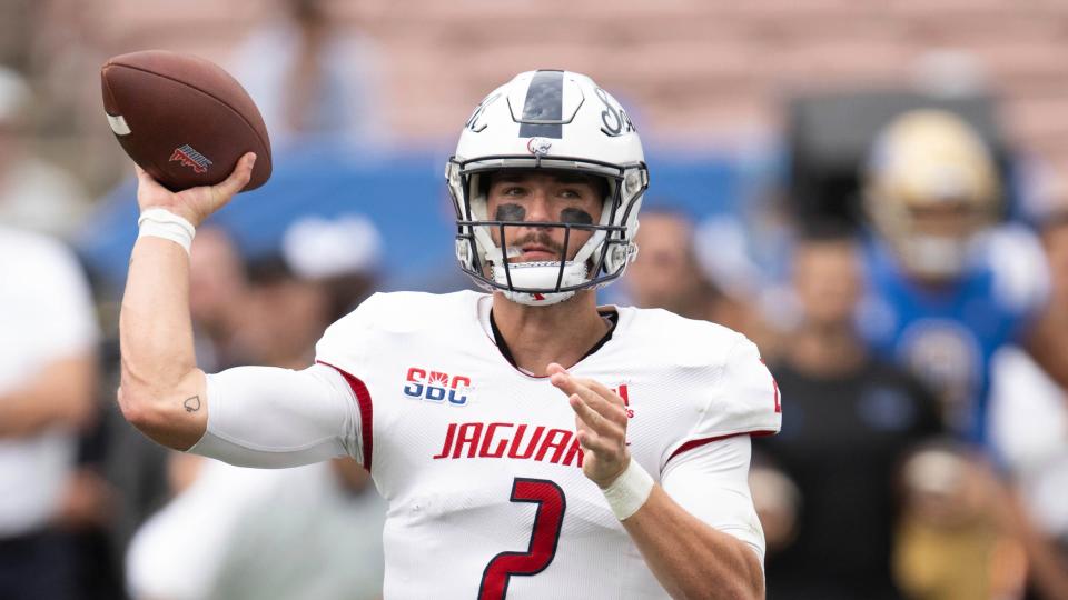 South Alabama quarterback Carter Bradley throws a pass during a game against UCLA on Sept. 17, 2022, in Pasadena, Calif.