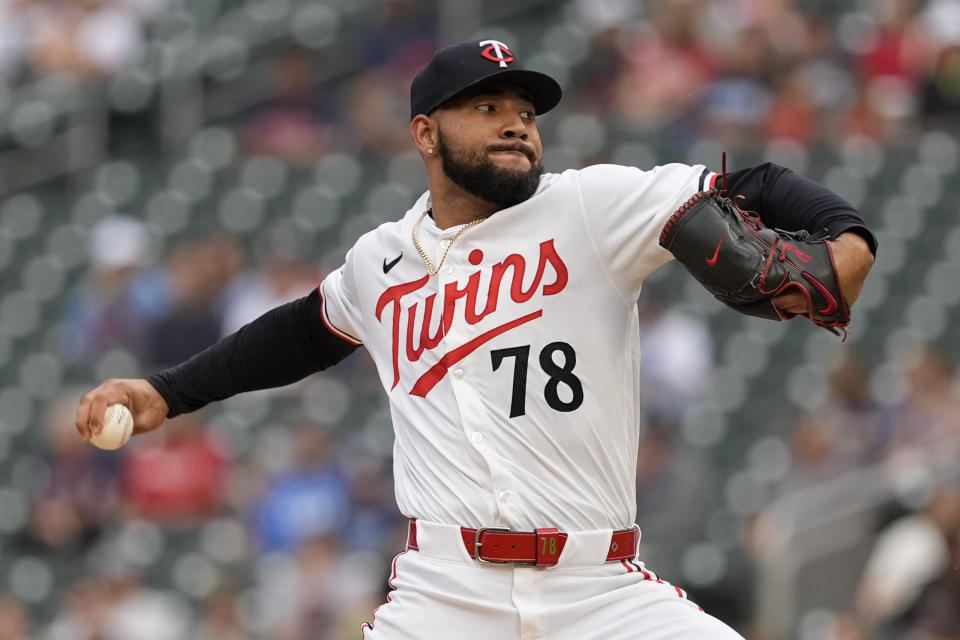 Minnesota Twins starting pitcher Simeon Woods Richardson (78) delivers during the second inning of a baseball game against the Detroit Tigers, Tuesday, July 2, 2024, in Minneapolis. (AP Photo/Abbie Parr)