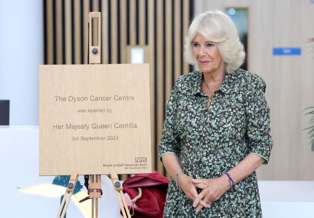 <p>Chris Jackson/Getty </p> Queen Camilla at the Dyson Cancer Centre at Royal United Hospitals Bath NHS Foundation Trust on Sept. 3, 2024.