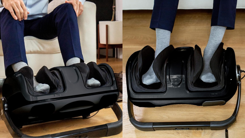 two pictures of foot massager in use