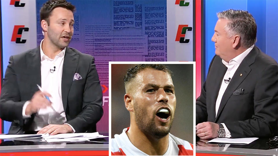 Eddie McGuire and Jimmy Bartel are pictured arguing on Footy Classified, with Lance Franklin inset.