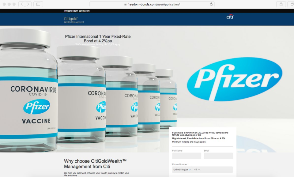 <p>Pfizer confirmed that it had no links to the site which is using the company’s name to try to convince savers to hand over their money</p> (.)