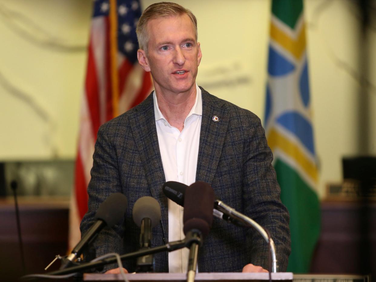 <p>Portland Mayor Ted Wheeler speaks during a news conference on 30 August 2020</p> ((Associated Press))