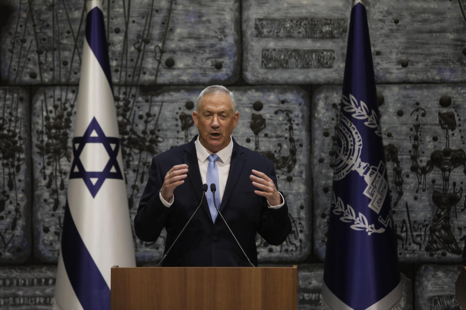 Blue and White Party leader Benny Gantz speak after he was given a mandate to form new government by the Israeli president Rueven Rivlin in Jerusalem, Wednesday, Oct. 23, 2019. (AP Photo/Sebastian Scheiner)