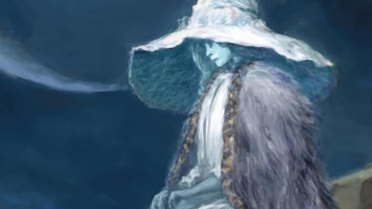  A blue character wearing a wide-brimmed hat from the cover of the Elden Ring TRPG looks out across the night sky 